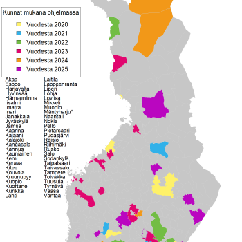 Fiksusti kouluun -ohjelmassa mukana olevat kunnat karttakuvassa